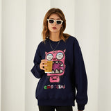 Kukombo Black White Cute Demon Harajuku Sweatshirt Korean Style Streetwear Vintage Oversize Fleece Winter Warm Crewneck Sweatshirt Women