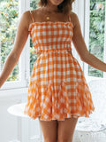 Graduation Gift Big Sale Orange Plaid Print Vintage Women Pleated Trimmed Summer Dress Backless Elastic New 2023 Gingham Mini Beach Dress Boho