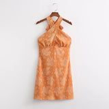 Graduation Gift Big Sale Sexy Criss Cross Backless Orange Women Summer Dress Swinging Collar Strapy Boho Flower Slip Midi Dress Green Beach Dress Solid