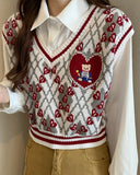Kukombo Back to school outfit Women Knit Vest 2023 Autumn Winter New Love Bear Embroidered Sweet Short Sleeveless Outer Stacked Waistcoat Tops Casual