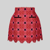 Kukombo Vintage Red Lace 2 Piece Sets Women Turn-Down Neck Tops And High Waist Skirt 2022 Fashion Design Dress Sets Women