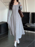 Kukombo Elegant One Piece Dress Korean Fashion Autumn Basic Long Sleeve Casual Midi Dress Pure Color Even Party Dress Female Chic