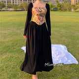 Kukombo French Vintage Palace Dress Women Elegant Dresses Vintage Oli Printing Floral Long Sleeve Long Dress Temperament Vestidos