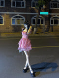 Kukombo Pink Floral Short Party Dress Lace Puff Fairy Kawaii Clothing Mini Dress Fashion Birthday Lolita Dress Women Summer 2024