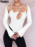 Kukombo Sexy Mesh Patchwork Hollow Out Long Sleeve Slim T Shirt Fashion Women Clothes White Crop Tops Tees Streetwear Female 2022
