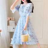 Kukombo 2022 Ruffled Peter Pan Collar Pink Floral Chiffon Dress Spring Summer Sweet Style Dress Korean Style Prairie Chic Casual Dress