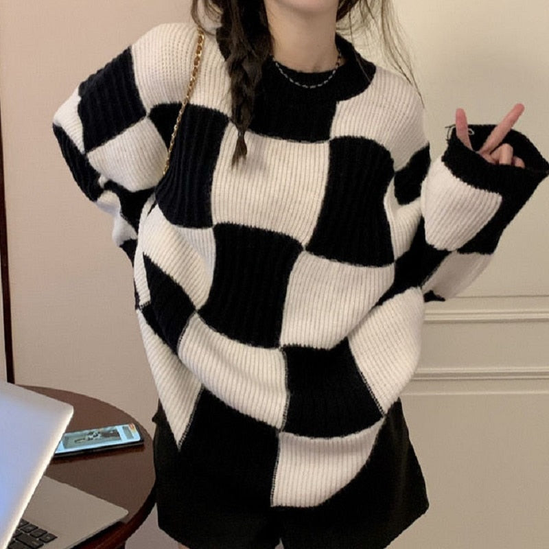 Thanksgiving Gift Korean Fashion Plaid Sweater Oversize Retro Vintage Clothes Autumn Winter Checkerboard Knit Jumper Black Pullover