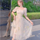 Kukombo Sweet Mesh Lace Fairy Dress Summer Woman Puff Sleeve Embroidery Floral Elegant Romantic Princess Dresses For Party Night Vestido