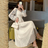 Kukombo Vinatge Elegant White Chiffon Dress Women Temperament Puff Sleeve Square Collar Button Office Lady Casual Dresses Chic Vestidos