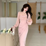 Kukombo Autumn Solid Elegant Fairy Dress Women Casual One Piece Party Midi Dress Female Lace Korean Fashion Vintage Chic Dress 2023 New