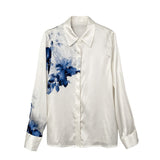 Kukombo Spring Summer New Vintage Ink Printing Chiffon Shirt Turn-Down Collar Long Sleeve Satin Blouse Women's Korean Style Casual Shirt
