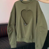 Kukombo Y2K Korean Style Hollow Out Heart Hoodies Women Vintage Plus Size Sweatshirts E-Girl Long Sleeve Green O-Neck Tops