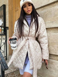 Kukombo 2023 New Winter Wear Women Parker Cotton Coat Medium Long Overcoat Slim Tie Lapel Pattern Elegant Quilted Overcoat