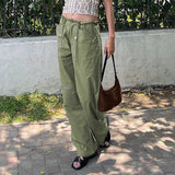 Kukombo Cargo Pants Y2k Baggy Low Waist Drawstring Zipper Pocket Wide Leg Pants Green Streetwear Women Trousers P77-EH30