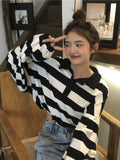 Thanksgiving Gift Black White Striped Sweatshirts Women Harajuku Vintage Polo Oversized Hoodies Casual Long Sleeve Loose Crop Tops Korean