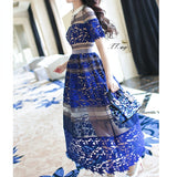 Kukombo Runway Blue Lace Dresses For Woman Hollow Out Evening Party Dress Woman Clothing New Summer Short Sleeve Long Self Dress
