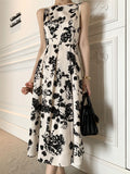 Kukombo Vintage Elegant Party Dress Summer Women 2025 New Design Sleeveless Evening Midi Dresses Ink Printing Lady Vestido