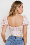 Kukombo Summer Women Pink Shirt Ladies Ruffles Puff Sleeves Back Zipper Print Slim With Belt Vintage Vocation Short Crop Shirt