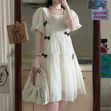 Kukombo Hstar French Square Neck Puff Sleeve Dress Women Mesh Bow Loose Long Summer New Purple Dresses Female Traf Платье Женское Robe
