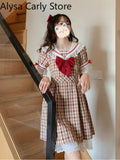 Kukombo Japanese Kawaii Fairy Dress Women Summer 2022 Lace Plaid Vintage Party Mini Dress Female Bow College Style Princess Casual Dress