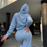 Kukombo  Women's Velvet Tracksuit Solid Hood Letter Diamonds Zippers Ladies Sweatshirts Two Piece Set Fashion Casual Female Clothes