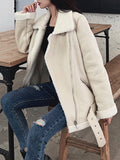 Black Friday Sales New Women Lamb Fur Faux Leather Jacket Coat Turn Down Collar Winter Thick Warm Zipper With Belt Outerwear