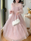 Kukombo Lace Elegant Sequin Fairy Dress Women Pink Patchwork Vintage Party Midi Dresses Female Casual Sweet Princess Kawaii Dress 2022