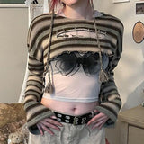 Kukombo Striped Cut Out Hole Knitted Crop Sweater Y2k Streetwear Long Sleeve Tops Women Vintage Grunge Clothes P84-CH20