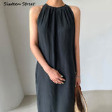 Kukombo Sleeveless Black Solid Dress Women 2022 Summer High Waist Chic Long Dress Vestidos Korean Fashion Business OL Clothing