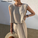 Kukombo Khaki Chic Sleeveless Tops And High Waisted Trousers Women Pant Sets 2022 Spring Summer Korean 2 Piece Sets Office Ladies