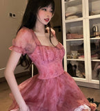 Kukombo Pink Floral Short Party Dress Lace Puff Fairy Kawaii Clothing Mini Dress Fashion Birthday Lolita Dress Women Summer 2024