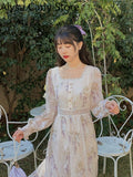 Kukombo Vintage Fairy Midi Dress Women 2022 Spring Elegant Princess Long Sleeve Floral Dress Female Court Retro Casual Lace Korean Dress