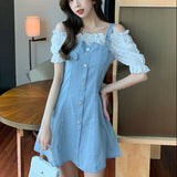 Kukombo Korean Style Denim Two Pieces Dress Women Off Shoulder Single Breasted Button Slim Y2k Mini Dresses Summer Kawaii Clothes