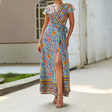 Kukombo Summer Vacation Holiday Dress Boho Green Printed Sashes Ruffles Bohemian Midi Dress V-Neck Irregular Short Sleeve Sundress