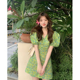 Kukombo Spring Green Floral Dress Party Beach Bodycon Pencil Dress Elegant Female Vintage Women Sundress Pleated Vestido Mini Dress