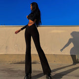 Kukombo Women Sexy High Waist Bodycon Leggings Bell Bottom Pants Black Lace Up 2022 Flare Pants Female Party Skinny Wide Leg Pants