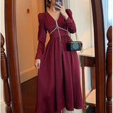 Kukombo New Elegant White Party Maxi Dress Woman Diamond V-Neck High Waist Elegant Solid Vestidos Lady Long Sleeve Dresses Female Cloth