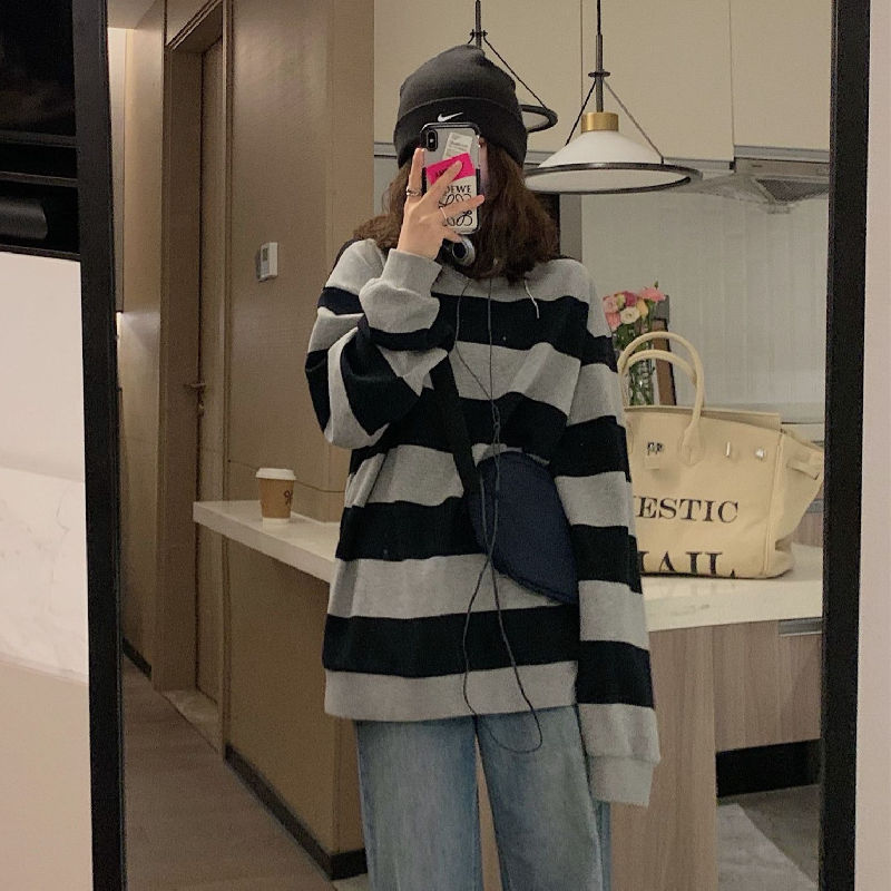 Cyber Monday Sales Korean Fashion Stripe Print Hoodies Women Harajuku Vintage Oversized Sweatshirts Casual Long Sleeve Loose Pullover Tops