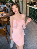 Kukombo Pink Sweet Fairy Dress Women Ruffles Design Sexy Party Mini Dress Female 2022 Spring Elegant Princess Casual Korean Strap Dress