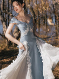 Kukombo Ladies Summer Blue Elegant Dresses Lace V-Neck Short Sleeves Sweet Vintage Princess Dress Party Fashion Women Vestidos De Fiesta