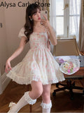 Kukombo Kawaii Vintage Fairy Dress Women 2022 Summer Sweet Lace Floral Elegant Princess Dress Female Casual Boho Korean Party Mini Dress