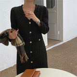 Kukombo Chic Tweed Black Dress Woman Fall 2022 V-Neck Golden Button Long Sleeve Vintage Elegant Dress Korean Business Women Clothing
