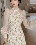 Kukombo Vintage Elegant Cheongsam Dress Women Floral Embroidery Design Party Fairy Dress Female Spring Court Retro Long Split Dress