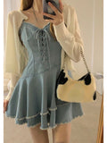 Kukombo Back to school outfit Summer Y2k Mini Dress Women Casual 2 Piece Dress Set Denim Blue Jean Dress Party Beach Style Korean Clothing Fashion Suits