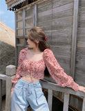 Kukombo Fashion Floral Chiffon Women's Shirt Sweet Square Neck Puff Sleeve Crop Tops Lace Up Long Sleeve Blouse Woman