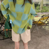 Thanksgiving Gift Korean Fashion Plaid Sweater Oversize Retro Vintage Clothes Autumn Winter Checkerboard Knit Jumper Black Pullover