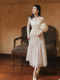 Kukombo Elegant Vintage 2 Piece Set Women Suits Korean Fahion Female Set Fairy Long Sleeve V-Neck Lace Blouse Tops+Mesh Skirt Outfits
