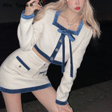 Kukombo Autumn Kawaii Two Piece Set Women Korean Fashion Patchwork Party Mini Skirt Suit Female Long Sleeve Bow Designer Skirt Set