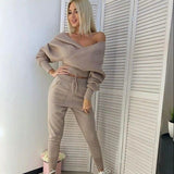 Kukombo Sexy Off Shoulder Knitted Two Piece Set Women Long Sleeve Sport Tracksuit 2 Piece Sweater Pants Suits Matching Sets For Women