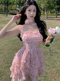 Kukombo Casual Floral Sexy Dress Women 2022 Summer Pink Sleeveless Patchwork Mini Dresses Female Elegant Party Holiday Slim Korean Dress